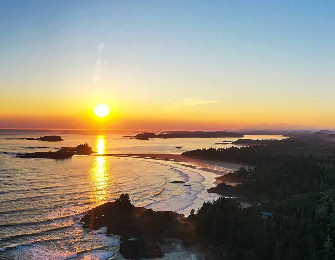 Drone photo of sunset over Tofino - the most beautiful place on earth!